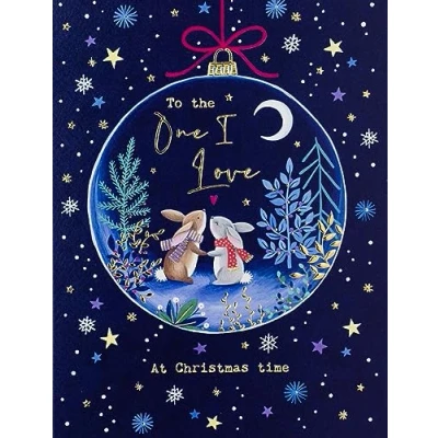 Image of Paperlink One I Love Christmas Card Woodland Bunnies in Bauble with Foil Details Eco Friendly and Recyclable, 204 x 153mm, Blue, Gold, White