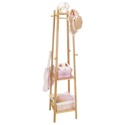 Image of unho Coat Stand Rack Hanger: Bamboo with Shelf Trees Free Standing Garment Clothing Rail 8 Hooks for Hats Clothes Bag Shoes