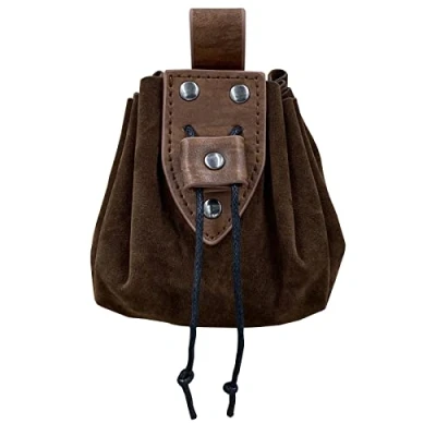 Image of HiiFeuer Vintage Medieval Faux Leather Drawstring Pouch, Middle Ages Portable Coin Purse, Rivets Belt Pouch Dice Bag for LARP Ren Faire (Brown A)
