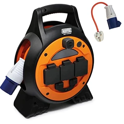 Image of Netagon Camping, Caravan &amp; Motorhome Travel 15M Roller Real Extension Lead Cable Mobile Mains Power Unit With LED Light UK Hook Up Inlcuded
