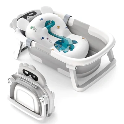 Image of Baby Bath Tub Foldable, Essentials for Newborn with Non Slip Mat Collapsible Toddler Bathtub to 0 24 Months Portable Travel Multifunctional Tub, Grey