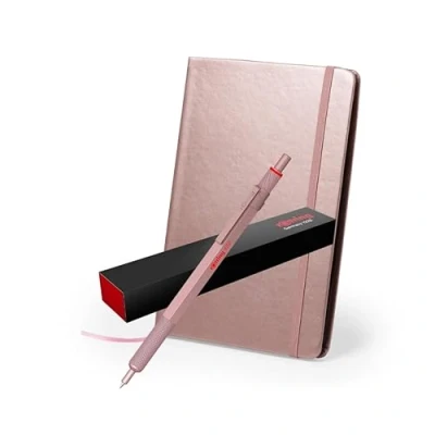 Image of rOtring 600 Metallic Ballpoint Pen + Notebook Medium Point Rose Gold Barrel with Non Slip Knurled Grip Refillable