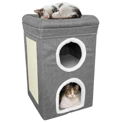 Image of GEEZY Double Large Cat House, Cosy Foldable Pet Cave Furry Soft Cushions &amp; Sisal Scratch Pad, Bed for Indoor Cats, Collapsible Condo Hideaway Kitty, Small Dogs, Igloo Pets