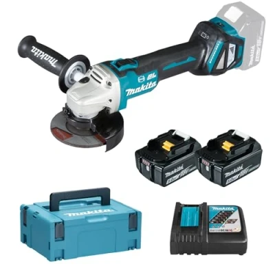 Image of Makita DGA513RTJ 18V Li ion LXT Brushless 125mm Angle Grinder Complete with 2 x 5.0 Ah Batteries and Charger Supplied in a Makpac Case Blue