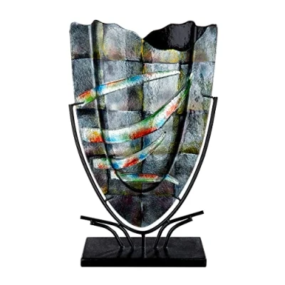 Image of GILDE GLAS art Design Decorative Glass Vase with Metal Stand Gift for Women Birthday Valentine&#039;s Day Mother&#039;s Colour: Grey Height 48 cm