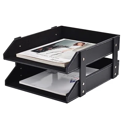 Image of XNONE Leather Desk Organiser, Stackable Office File Folder, Document Compartment for Files, Folders, Stationery, Magazines, Mail, Home, Sundries, Organization, Holder (Black)