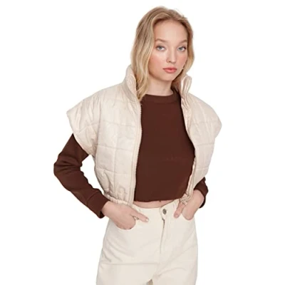 Image of Trendyol Women&#039;s Woman Oversize Puffer Standing Collar Woven Vest Sweater, Stone, M