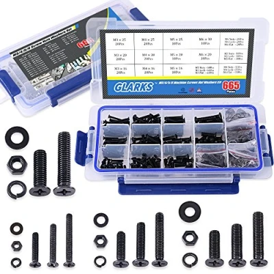 Image of Glarks 665Pcs Alloy Steel Flat Head Machine Screws Bolts Nuts and Gasket Spring Washers Assortment Set, Fully Threaded, Black Oxide Finish