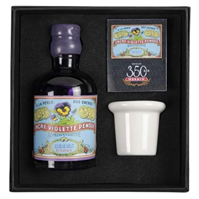 Image of Jacques Herbin Ref 27977T 100ml Bottle of &#039;Special 350 Years&#039; Ink with Inkwell Box &amp; Porcelain Violette Pensée / Pensive Violet Purple Coloured