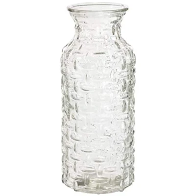 Image of Modern Bottle Shaped Vase Woven Texture Glass Bunch, Bouquet Bud or Stem Flower 25cm x 6cm Clear, Smoked Charcoal, Pastel Pink Green (Clear)
