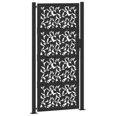 Image of vidaXL Garden Gate, Black, 105 x 205 cm, Steel Leaf Design, Fence Outdoor Iron Security Driveway Metal Gate