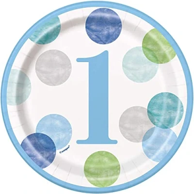 Image of Unique Blue Dots 1st Birthday Round Dessert Plates (17cm) Stunning Polka Dot Design Perfect for an Unforgettable Celebration 8ct