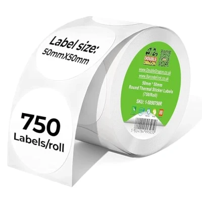 Image of Roll of 750 Direct Thermal Round Sticker Labels, 50mm x 50mm, Premium Coated, Self Adhesive, for Zebra, MUNBYN, Rollo, TSC, Toshiba, Citizen, Label Printer, LP2844, GK420, GX420D, ZD420