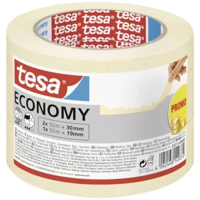 Image of tesa Masking Tape ECONOMY EcoLogo Painters Tape, 4 Days Residue Free Removal, Without Solvent Narrow, 2x 50m x 30 mm Plus 1x 19mm