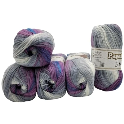 Image of 5 x 100 g Knitting Yarn Papatya Batik Multicoloured with Colour Gradient, 500 Wool Colourful, Gradient (Blue, Purple, Grey, White 554 31)