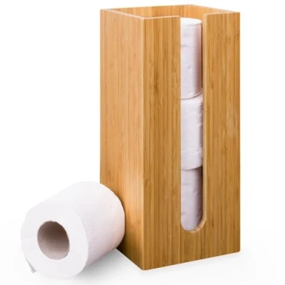 Image of Woodluv Toilet Roll Holder Stand, Free Standing Paper Storage Holder, Square Loo Stand for Bathroom &amp; Toilets, Bamboo