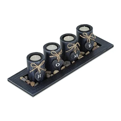 Image of Relaxdays Tealight Holder Set with Tray &amp; Pebbles, 39.5 cm, Table Centrepiece, Dining Room, 4 Candles, ‘Home’, Black, Fibreboard