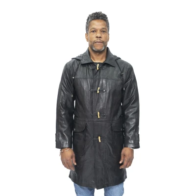 Image of Men&#039;s Black Classic 3/4 Leather Duffle Coat 5XL