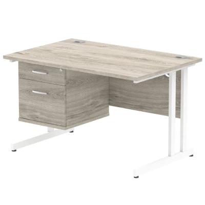 Image of Impulse 1200x800 Desk Grey Oak White Cantilever + Fixed Pedestal