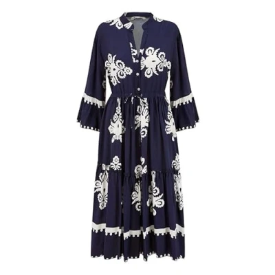 Image of Yumi Womens Navy Viscose Midi Dress With Long Sleeves Size 8 UK