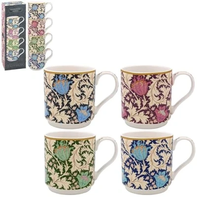 Image of Stacking Mugs Set of 4 W.Morris Anemone Floral Ceramic Coffee Cup Vintage Design