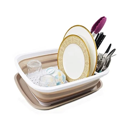 Image of SAMMART 8L Collapsible Plastic Dish Drainer with Board Foldable Drying Rack Set Portable Dinnerware Organizer Space Saving Kitchen Storage Tray (White/Latte, 1)