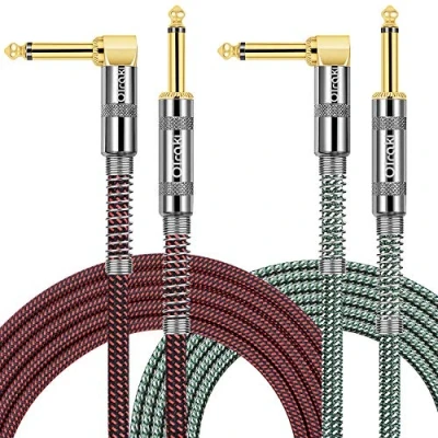 Image of OTraki 10FT Electric Guitar Cable 3 Meter 2 Pack Braided Angled Jack Plug Lead 1/4 Inch Straight to 90 Degree Gold Plated Instrument Cord 6.35mm for Bass Keyboard