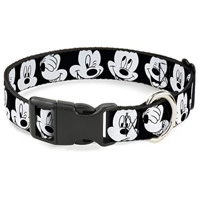 Image of Buckle Down Plastic Clip Collar Mickey Mouse Expressions CLOSE UP Black/White 1&quot; Wide Fits 11 17&quot; Neck Medium