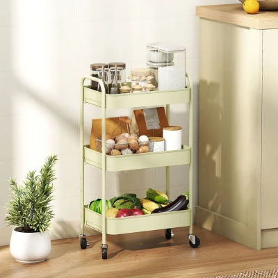 Image of HOMCOM 3 tier Storage Trolley on Wheels, Metal Cart, Rolling Ultility Cart with Mesh Baskets for Living Room, Kitchen, Green