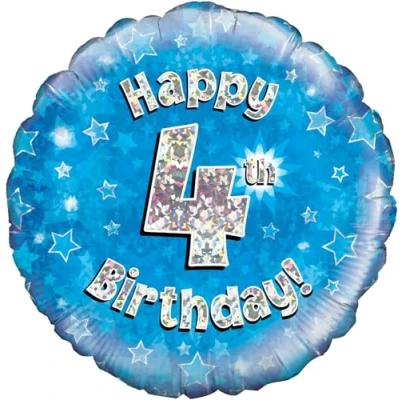 Image of Oaktree UK 18&quot; Happy 4th Birthday Blue Holographic, Aluminium