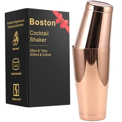 Image of Stainless Steel Cocktail Shaker 2 Piece 18oz Unweighted &amp; 28oz Weighted Professional Bartender Boston Drink Mixer for Bartending Essential Bar Tools (Copper)