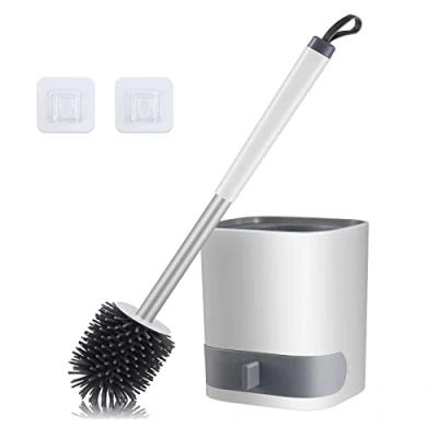 Image of Toilet Brush, HIYAA Brushes &amp; Holders Silicone, Cleaning Brush with Quick Drying Holder and No Slip Stainless Steel Handle for Bathroom, White, 1 Pack
