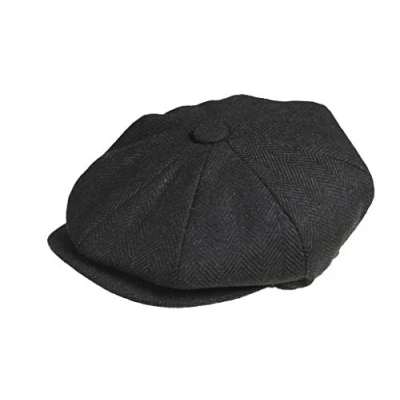 Image of Peaky Blinders 8 Piece &#039;Newsboy&#039; Style Flat Cap Melton Wool Fabric , Black Herringbone, X Large (61cm)