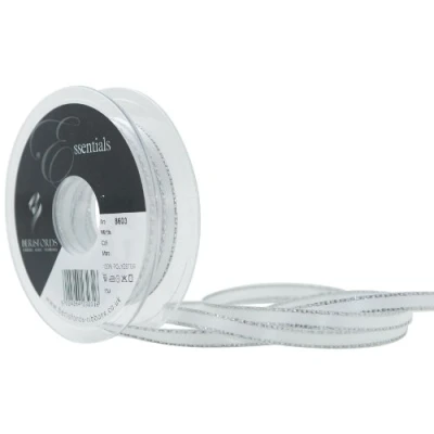 Image of Berisfords 7 mm Silver Edge Satin Ribbon, White