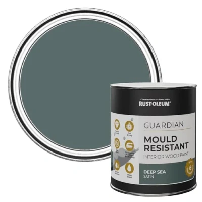 Image of Rust Oleum Green Guardian Mould Resistant Interior Wood Paint in Satin Finish Deep Sea 750ml