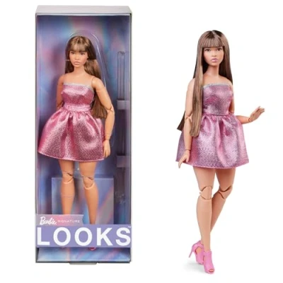 Image of Barbie Looks Doll, Collectible No. 24 with Brown Hair and Modern Y2K Fashion, Shimmery Pink Strapless Dress Peep Toe Heels, HRM16
