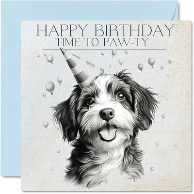 Image of Dog Birthday Cards for Men Women Paw ty Time Happy Card Mum Dad Sister Brother Daughter Uncle Auntie Nan Grandma Grandad Grandpa Colleague Friend 145mm x Bday Greeting