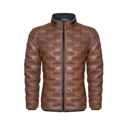 Image of Infinity Leather Mens Puffer Quilted Bomber Jacket Recife Tan Size Small