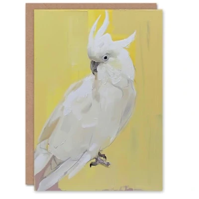 Image of Artery8 Greeting Card White Cockatoo Parrot Bird on Yellow Oil Painting Blank For Him Or Her Art Birthday
