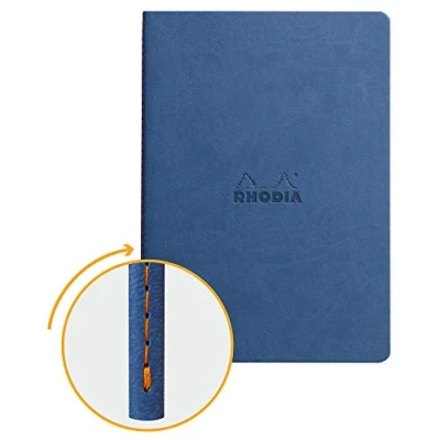 Image of RHODIA 116408C Soft Saphir Textile Stitch Notebook A5 Lined 64 pages Clairefontaine Ivory Paper 90 g/m Faux Leather Cover Rhodiarama Collection