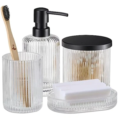 Image of Navaris Glass Bathroom Accessories Set (4 Pieces) Includes Soap Dispenser, Toothbrush Tumbler, Dish, Cotton Pad Holder Clear with Black Metal