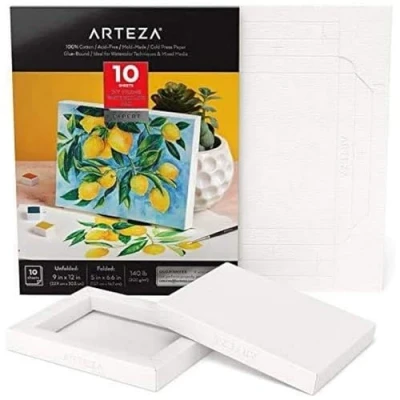 Image of Arteza Watercolour Paper Pad, Foldable Canvas Artist Paper, 12.7 x 16.7 cm, 10 Sheets, Heavyweight, 140 lb, 300 GSM, Acid Free, 100% Cotton Pulp DIY Frames for Painting &amp; Mixed Media Art