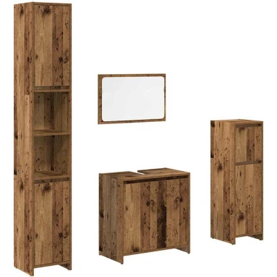 Image of vidaXL 4 piece bathroom furniture set engineered wood, glass mirror, old wood finish, ample storage cabinets, modern style