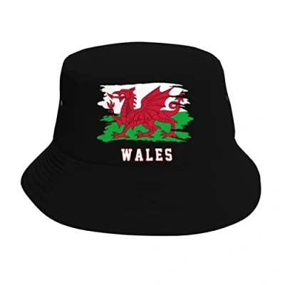 Image of WanwEN Bucket Hat Wales Flag Cool Welsh Fans Printed Sun Hats Fisherman Outdoor Summer Travel Hiking Beach Caps Black, 7 1/4