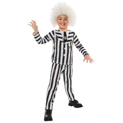 Image of Rubies 1000709XS000 Kids Beetlejuice Costume and Wig Fancy Dress, Multicoloured, Sizes 5 6