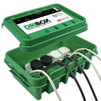 Image of DRiBOX Medium IP55 Weatherproof Outdoor Electrical Connection Box 34 x 22 11.7cm Power Cord Enclosure for Christmas Lights, Timers, Extension Cables, Leads, Reels, Transformers (Medium, Green)
