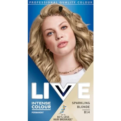 Image of Schwarzkopf LIVE Intense Colour Sparkling Blonde Permanent Hair Dye B14, Long Lasting for Up to 80% Less Breakage, Lightener with anti brassiness effect