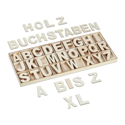 Image of Relaxdays Wooden Letters Set, 208 pcs, Uppercase A Z, with Convenient Storage Box, Characters, Decoration, Natural, Wood, 2 x 41 18 cm