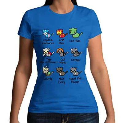 Image of Womens Kitty Cat Vengers A Super Hero Characters Funny Parody T Shirt Royal Blue UK 18 20 (Plus Size XXL)