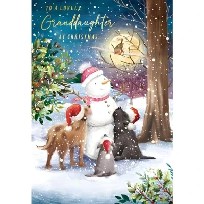 Image of Granddaughter Christmas Card Lovely Special Finish Cute Dog Design Festive Snowman Made in the UK Eco Friendly